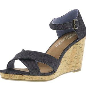 New! TOMS Sienna Black Denim Sandals Cork Wrapped Wedge Heels Women's Size 6